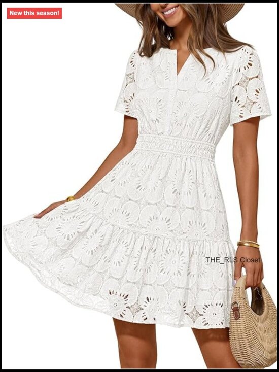 Dresses & Skirts - Women's Eyelet Lace Mini Dress V-Neck Puff Sleeve A-Line Short Summer Sundress